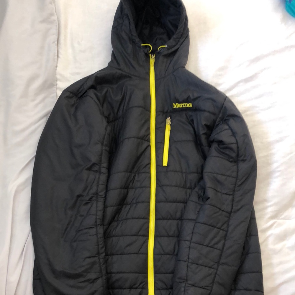 Marmot Black and Yellow Puffer Jacket with Quilted Design